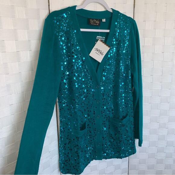 Bob Mackie Womens Wearable Art Sequin Aqua Blue Button Up Cardigan Size Small - Picture 10 of 16